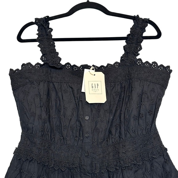 GAP x DOEN Black Eyelet Tiered Button Front Midi Dress Women's M - Picture 5 of 15